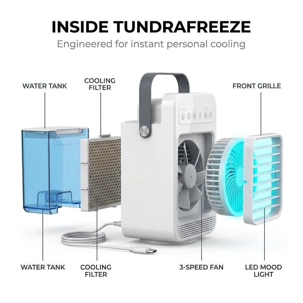 Inside TundraFreeze — labelled cutaway of the water tank, cooling filter and fan